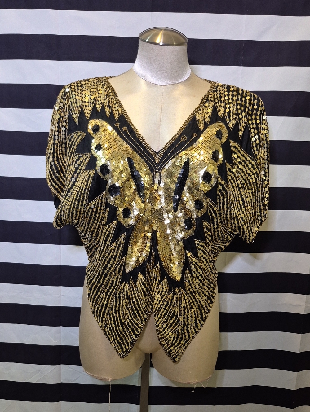Vintage Silk Gold Sequin Butterfly Motif Women's Top